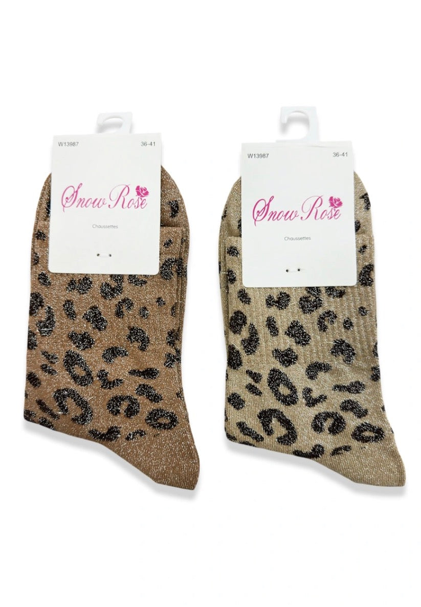 Chaussettes hautes à paillettes léopard beige/marron